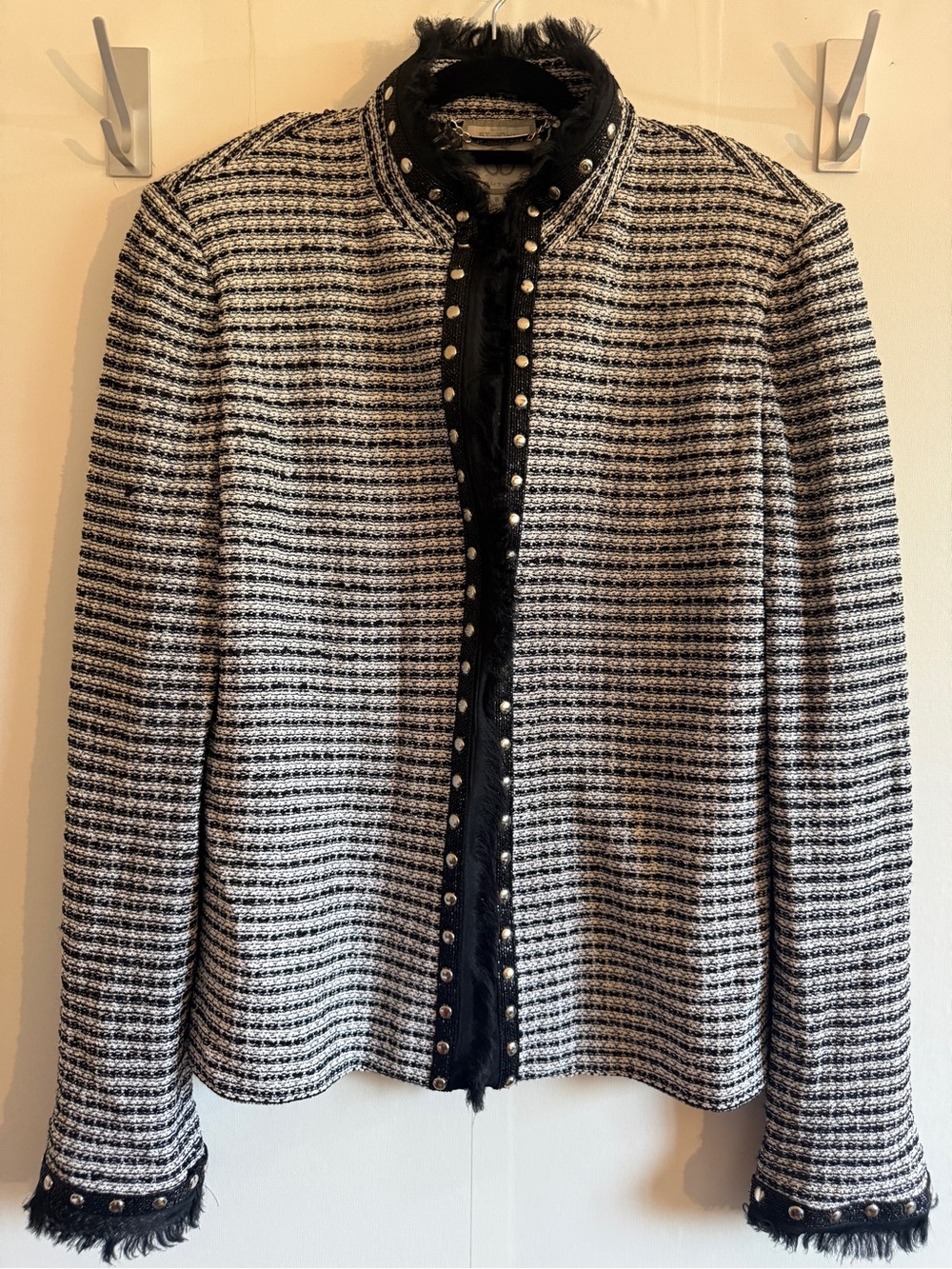 St. John Couture Black White Tweed Knit Jacket Studded Fringe USA Sz 8